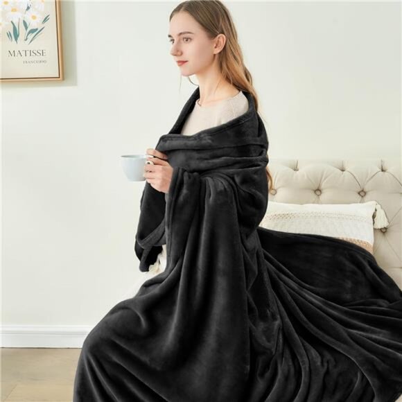 Fleece Blanket Black Throw Blankets for Couch & Bed, Luxury Plush Cozy - Picture 4 of 7